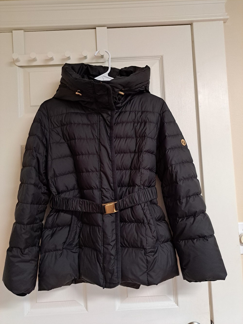 Jones New York Black Quilted Puffer Jacket with Hood and Belt